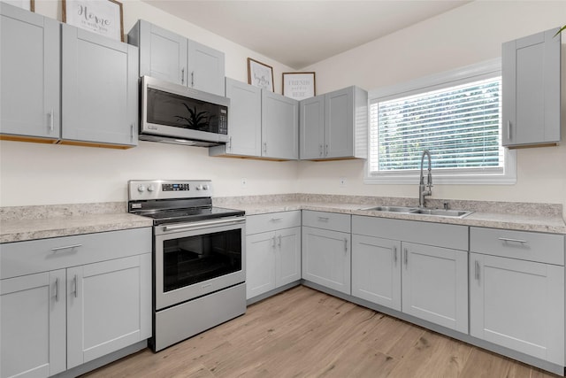 kitchen with light wood-type flooring, gray cabinetry, a sink, appliances with stainless steel finishes, and light countertops