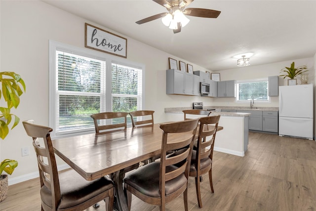 dining space with ceiling fan, baseboards, and light wood-style flooring