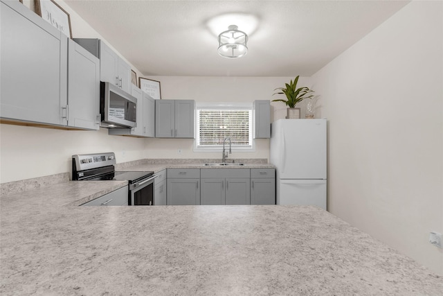 kitchen with a sink, appliances with stainless steel finishes, gray cabinetry, and light countertops