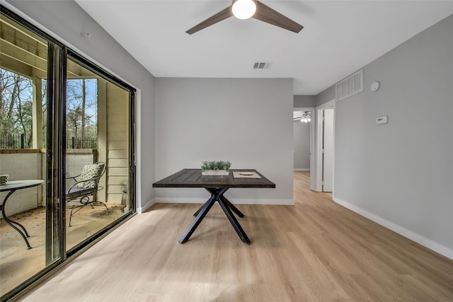 dining room featuring light wood finished floors, visible vents, ceiling fan, and baseboards