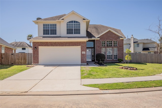 traditional-style house featuring brick siding, driveway, a front yard, and fence