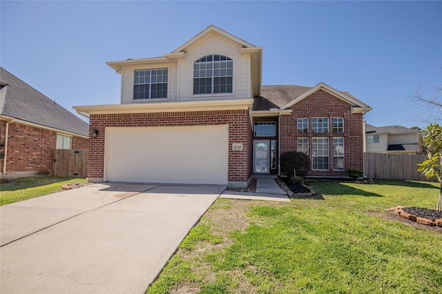 traditional-style house featuring concrete driveway, fence, brick siding, and a front lawn