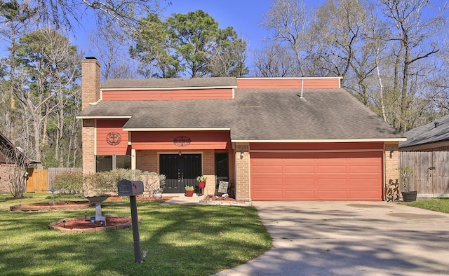 view of front of home with a garage, brick siding, concrete driveway, and fence