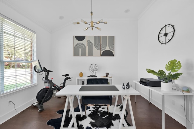 office area with baseboards, dark wood finished floors, lofted ceiling, ornamental molding, and a notable chandelier