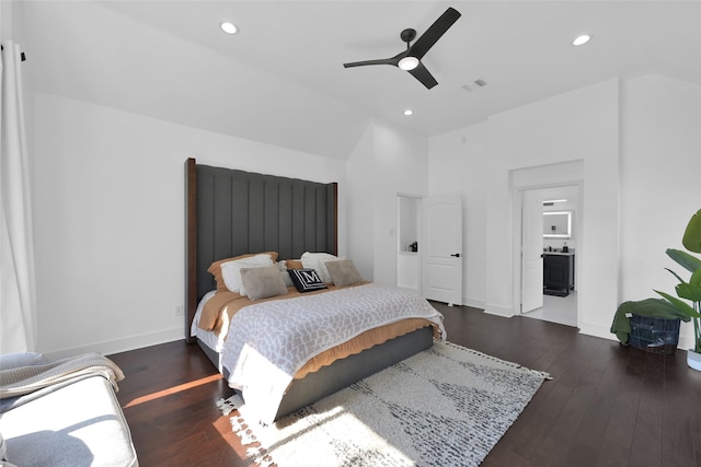 bedroom with recessed lighting, visible vents, lofted ceiling, and wood finished floors