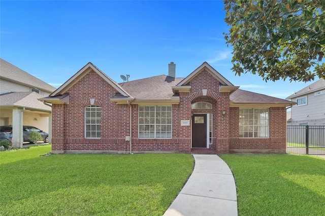 single story home with brick siding, a chimney, a front lawn, and fence