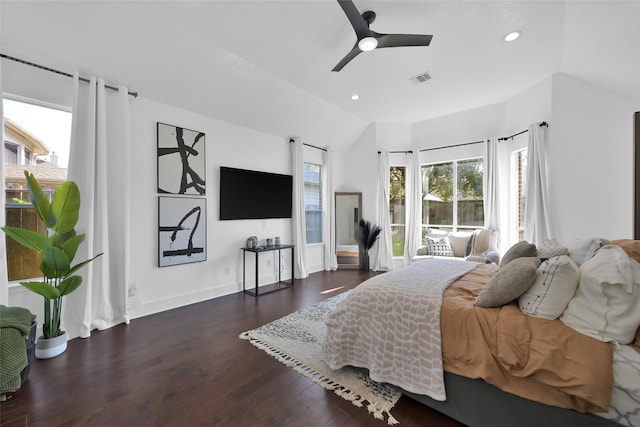 bedroom with recessed lighting, baseboards, lofted ceiling, and wood finished floors