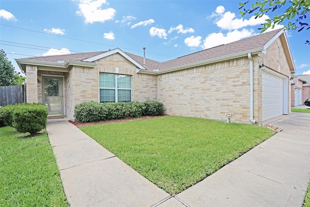 ranch-style house featuring brick siding, concrete driveway, a front lawn, and a garage