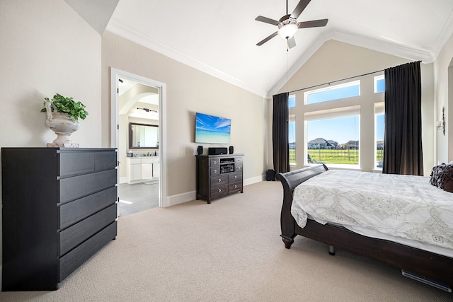 bedroom with high vaulted ceiling, ornamental molding, ensuite bathroom, carpet floors, and baseboards