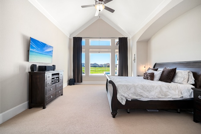 bedroom with baseboards, ornamental molding, light carpet, high vaulted ceiling, and a ceiling fan