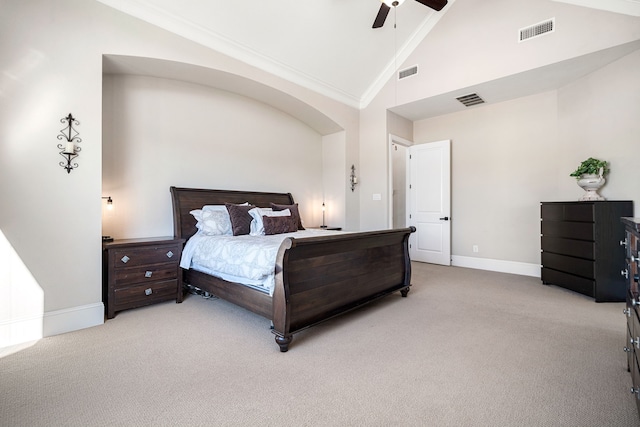 bedroom featuring crown molding, baseboards, visible vents, and light carpet