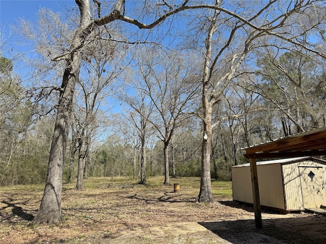 view of yard with a storage unit, an outdoor structure, and a view of trees