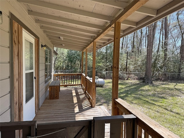 wooden deck featuring a yard and fence