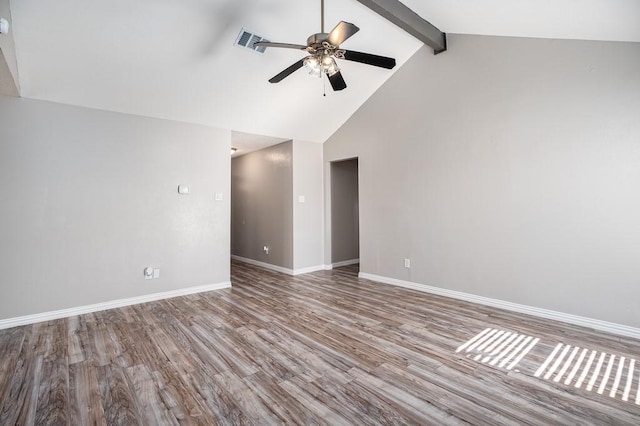 unfurnished room with visible vents, beam ceiling, wood finished floors, baseboards, and ceiling fan