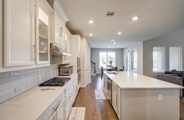 kitchen with visible vents, a sink, under cabinet range hood, appliances with stainless steel finishes, and open floor plan