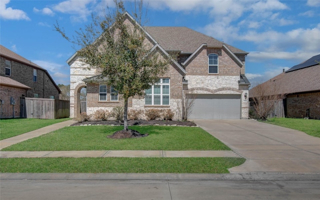 view of front facade with stone siding, brick siding, and a front lawn