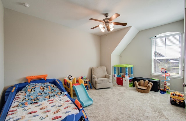 carpeted bedroom featuring a ceiling fan