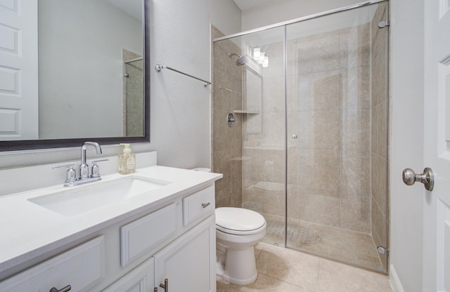 bathroom featuring vanity, toilet, a shower stall, and tile patterned flooring