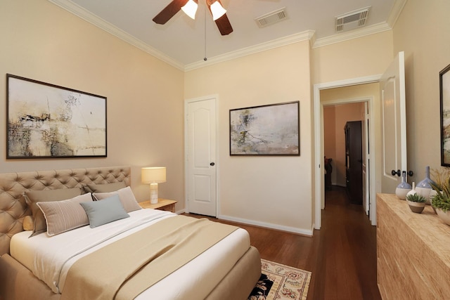9407 Thurber Ridge Dr, Spring, TX 77379 - bedroom featuring dark wood-style floors, crown molding, baseboards, and ceiling fan