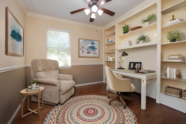 9407 Thurber Ridge Dr, Spring, TX 77379 - office area featuring wood finished floors, a ceiling fan, baseboards, ornamental molding, and built in shelves