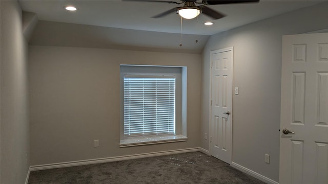 unfurnished room with carpet, baseboards, recessed lighting, ceiling fan, and vaulted ceiling