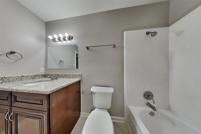 full bath with baseboards, toilet, shower / bathtub combination, tile patterned floors, and vanity