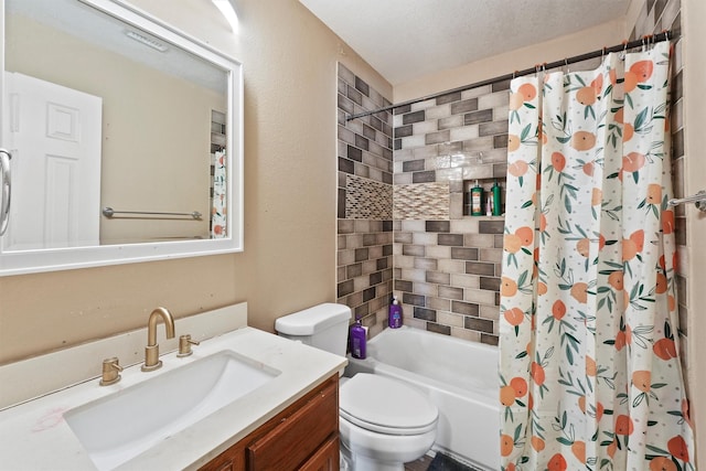 full bathroom with a textured ceiling, toilet, vanity, and shower / bath combination with curtain