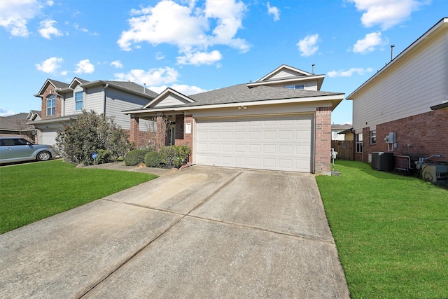 view of front of home featuring a front lawn, concrete driveway, cooling unit, and brick siding