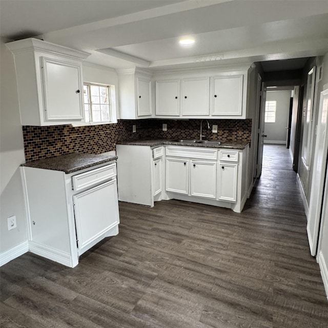 kitchen featuring a sink, plenty of natural light, dark wood-style floors, and white cabinetry