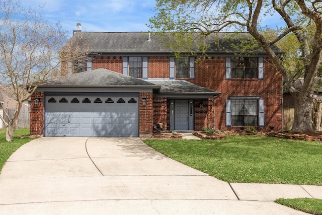 view of front of house with roof with shingles, concrete driveway, a front yard, a garage, and brick siding