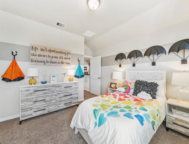 carpeted bedroom featuring lofted ceiling, visible vents, and baseboards