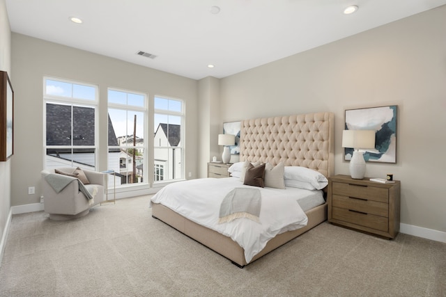 bedroom featuring visible vents, recessed lighting, baseboards, and carpet floors