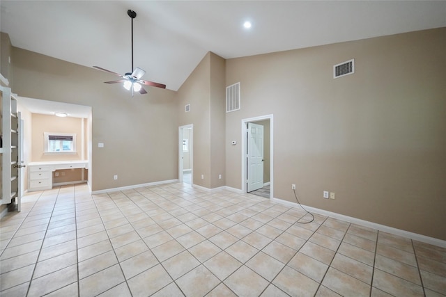 unfurnished living room featuring visible vents, baseboards, high vaulted ceiling, and a ceiling fan