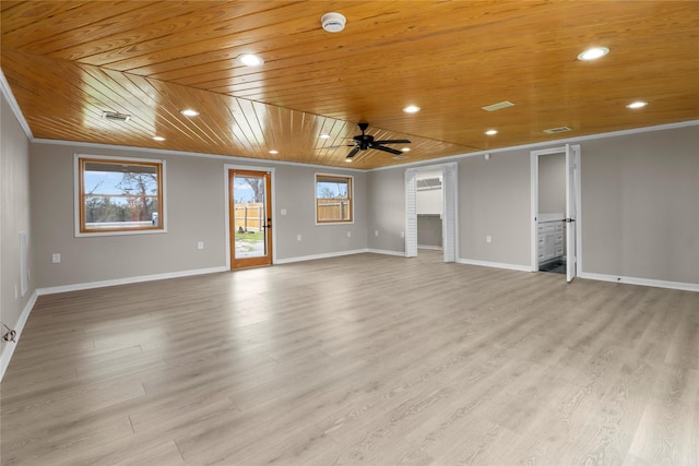 unfurnished living room with crown molding, wood ceiling, and light wood-style floors