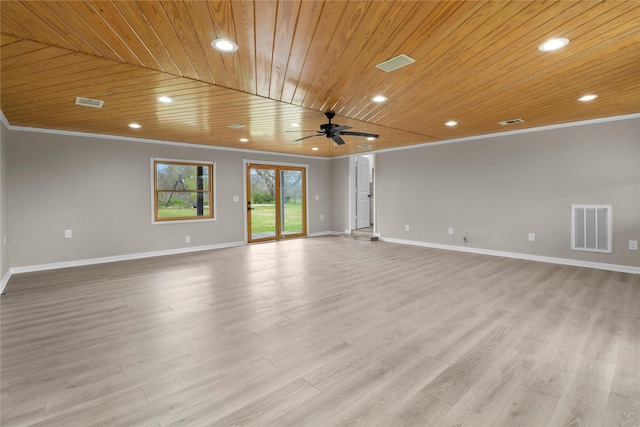 unfurnished living room featuring crown molding, baseboards, visible vents, and wooden ceiling