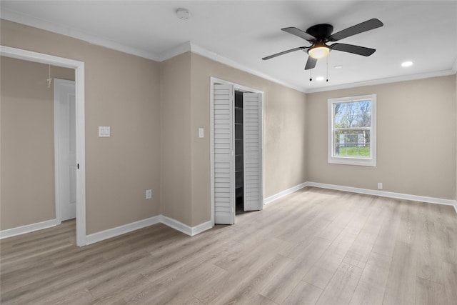 3406 W Cedar Bayou Lynchburg Rd, Baytown, TX 77521 - unfurnished bedroom featuring crown molding, light wood-style flooring, baseboards, recessed lighting, and ceiling fan