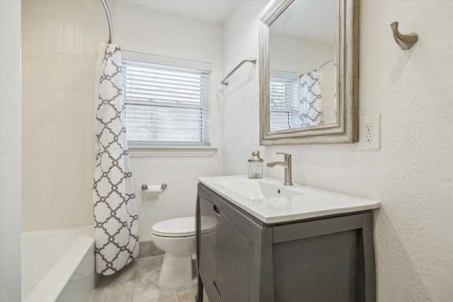 bathroom featuring toilet, vanity, and shower / bathtub combination with curtain