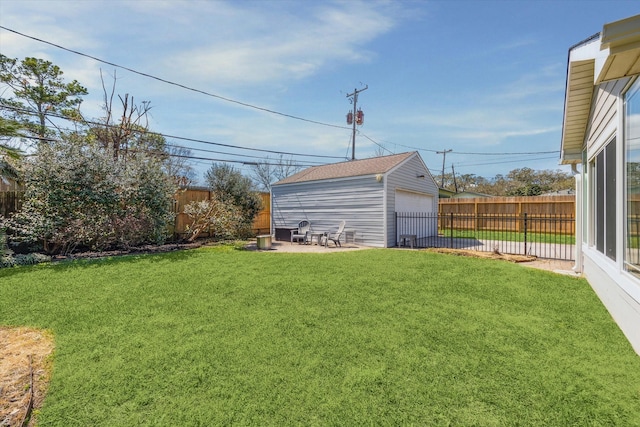 view of yard with an outbuilding and a fenced backyard