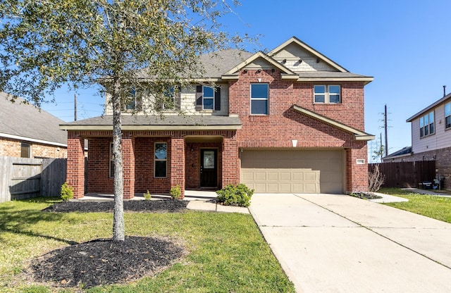 traditional home featuring driveway, brick siding, a front lawn, and fence