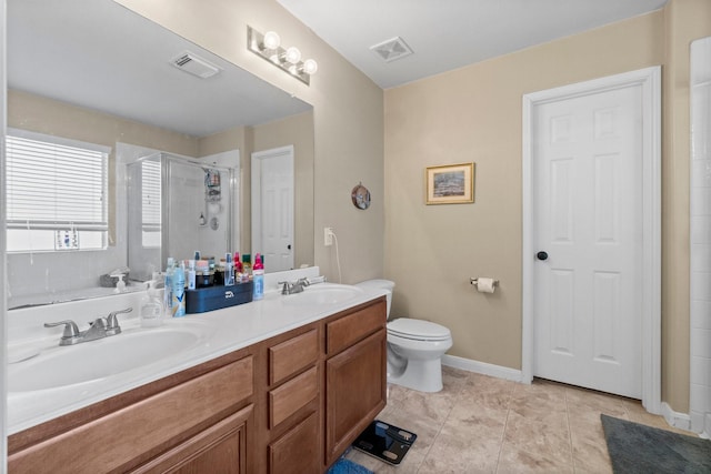 full bath with a sink, visible vents, double vanity, and a shower stall