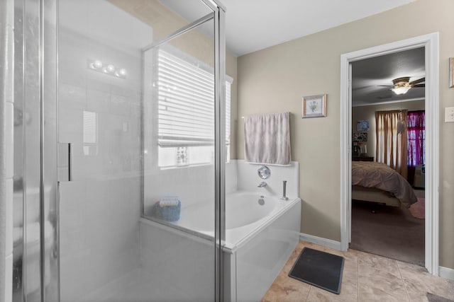 full bath with tile patterned flooring, connected bathroom, a garden tub, a stall shower, and a ceiling fan