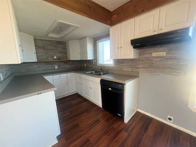 kitchen with a sink, black dishwasher, white cabinetry, decorative backsplash, and dark wood-style flooring