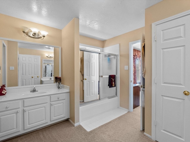 full bath featuring vanity, carpet, baseboards, and shower / bath combination with glass door