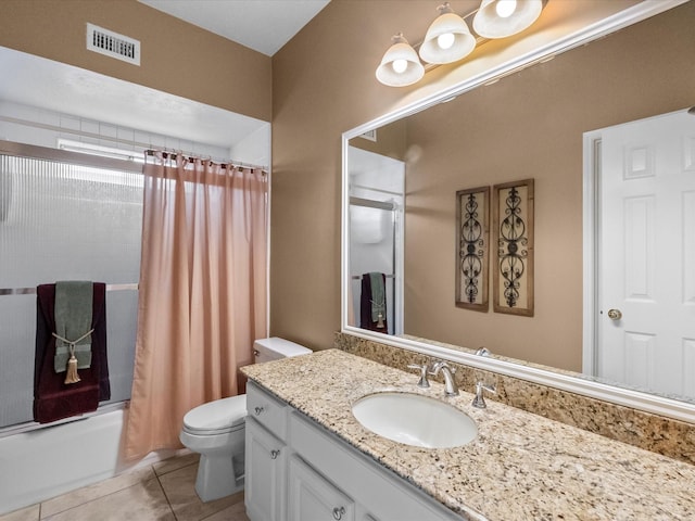 full bathroom with tile patterned floors, visible vents, toilet, shower / tub combo, and vanity