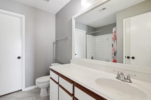 bathroom featuring vanity, visible vents, curtained shower, toilet, and marble finish floor