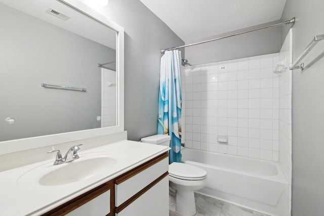 full bathroom featuring visible vents, toilet, shower / bath combination with curtain, vanity, and marble finish floor