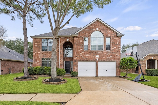 view of front of house with brick siding, a garage, concrete driveway, and a front lawn