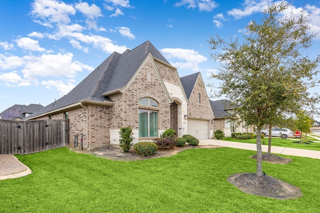 view of property exterior with a gate, a yard, concrete driveway, an attached garage, and brick siding