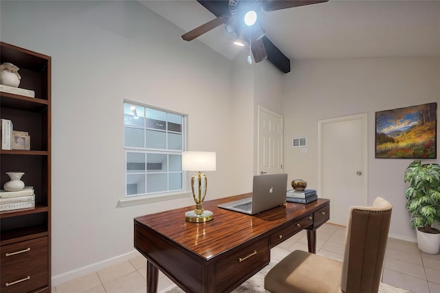 office with a ceiling fan, visible vents, high vaulted ceiling, and light tile patterned floors