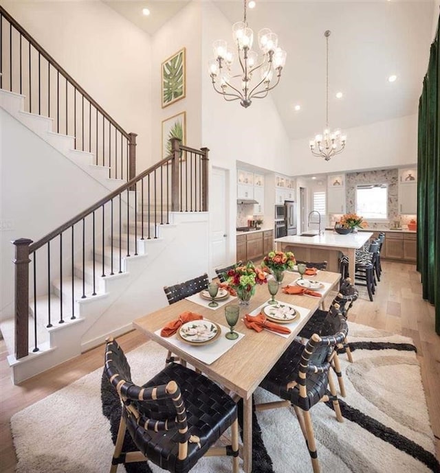 dining space with high vaulted ceiling, an inviting chandelier, recessed lighting, stairs, and light wood-type flooring